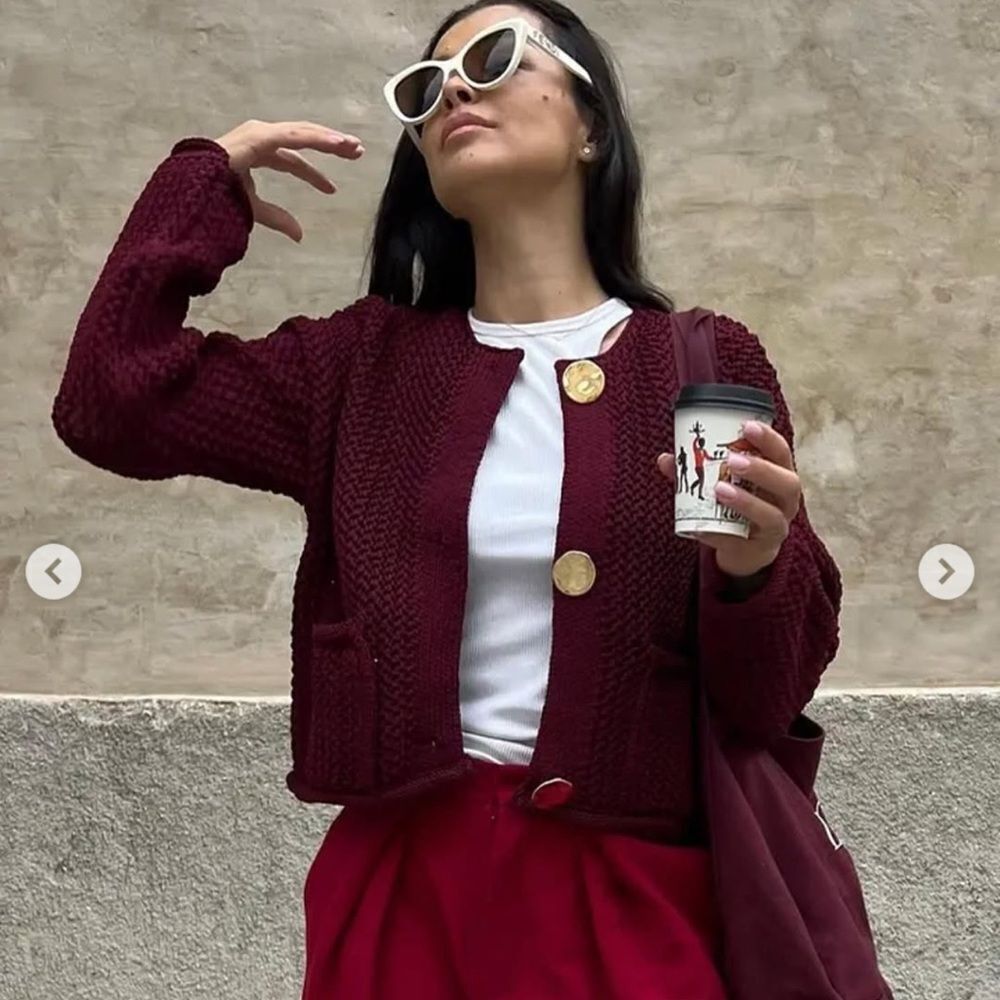 Zara chunky knit cardigan in burgundy - Picture 7 of 16